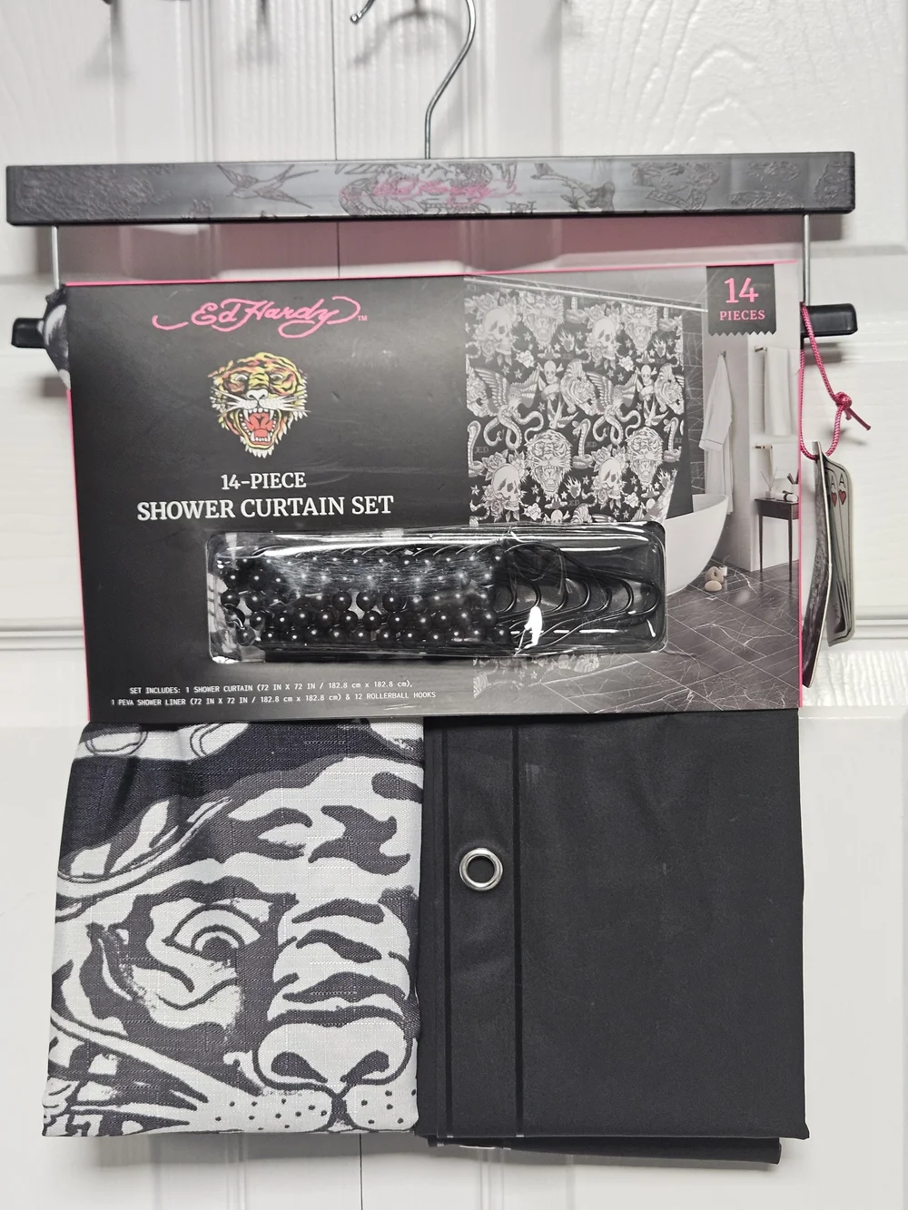 Ed Hardy 14 Piece Shower Curtain Set Tiger Skull Roses Black Hooks Liner